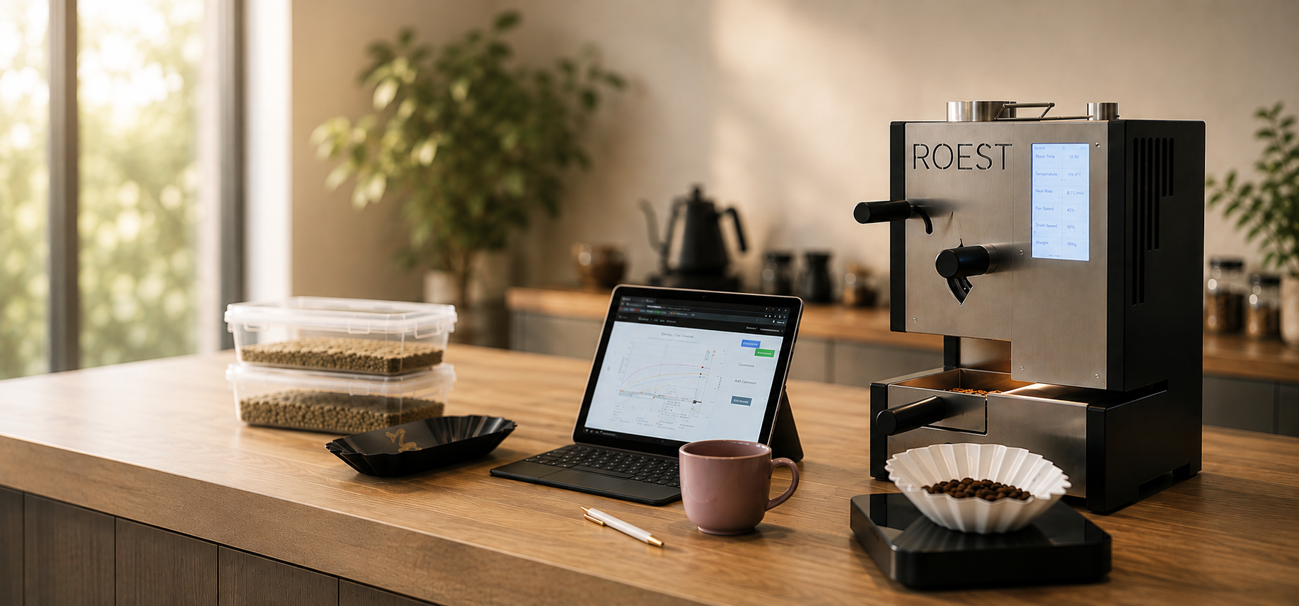 Micro-roasting lab counter with green beans, roast logging tablet, scale and sample roaster